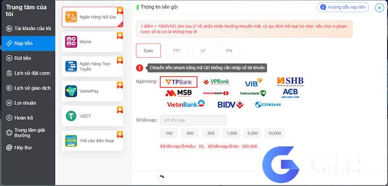 Lựa chọn hình thức nạp tiền Gi8