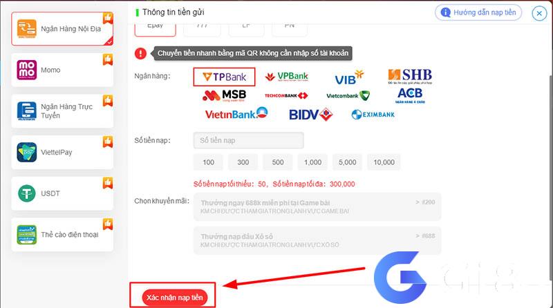 Xác nhận nạp tiền Gi8